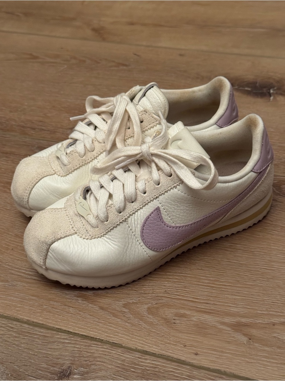 Nike Women’s Classic Cortez Leather Sneakers in Cream & Lavender